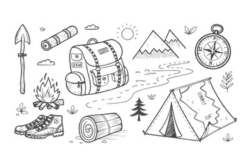 Fototapeta premium Hand-Drawn Doodle Set of Adventure Travel Icons: Playful Sketches of Mountain, Backpack, Boots, Compass, Map, Tent, and Campfire in a Minimalist, Fun, and Explorative Style.
