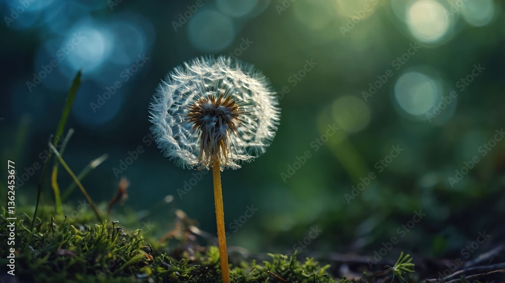 Poster a close-up of a dandelion seed head illuminated by soft light in a natural setting.