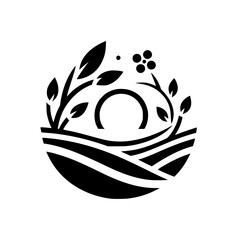 A stylized, symmetrical black and white emblem featuring a crescent, stylized plants and leaves, and rolling hills within a circular form.