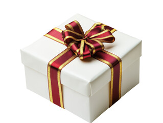 Isolated White Gift Box with Burgundy and Gold Ribbon