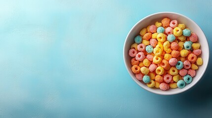 Colorful cereal bowl on a white surface with negative space