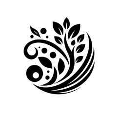 Elegant Black and White Circular Logo Featuring a Stylized Tree, Leaves, and Ornate Scrollwork on a White Background.