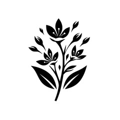 Elegant Black and White Botanical Illustration: Stylized Flower Arrangement with Leaves and Buds on a White Background.