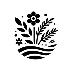 Black and white botanical design featuring stylized flowers, leaves, and foliage arranged in a semi-circular composition, evoking a sense of harmony and minimalism.