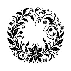 Elegant Black and White Floral Wreath: A symmetrical design of leaves, flowers, and flourishes, creating a circular decorative pattern.