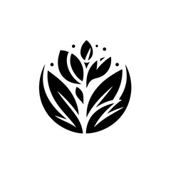 A striking black and white minimalist botanical design featuring a stylized plant within a circular frame, showcasing delicate leaves, buds, and subtle dot accents against a pristine white backdrop.