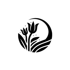 A minimalist black and white floral emblem, depicting stylized tulips within a circular frame, evoking serenity and natural elegance.