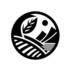 A minimalist, circular logo depicting a stylized agricultural landscape: mountains, fields, water, sun, and a leaf-like element.