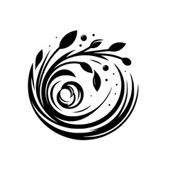 Abstract Black and White Floral Swirl Design Featuring Leaves, Bubbles, and a Circular Composition, Evoking Serenity.