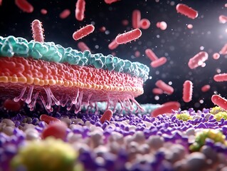 Cell Membrane with Bacteria, and Microbiome.