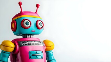 Naklejka premium A colorful toy robot with a retro design, featuring large eyes, a pink body, and bright yellow and blue accents. Concept Retro Toy Design, Colorful Robot Features, Playful Aesthetics