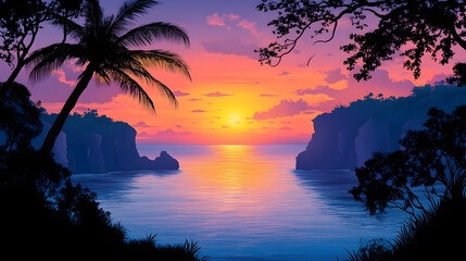 Colorful sunset over the sea framed by trees and cliffs reflecting light on the water