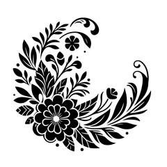 A monochrome, crescent-shaped floral design, showcasing stylized leaves, buds, and a prominent, detailed flower at the composition's center, all against a clean white backdrop.