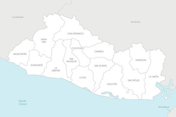 Obraz premium Vector regional map of El Salvador with departments and administrative divisions, and neighbouring countries and territories. Editable and clearly labeled layers.