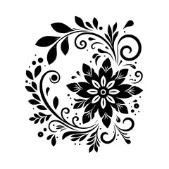 Elegant Black and White Floral Motif Design featuring a Central Flower, Curling Vines, and Delicate Leaf Arrangements with dots and swirls in a decorative style.