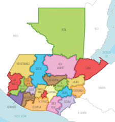Fototapeta premium Vector illustrated regional map of Guatemala with departments and administrative divisions, and neighbouring countries and territories. Editable and clearly labeled layers.