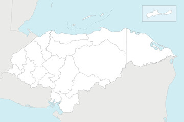 Fototapeta premium Vector regional blank map of Honduras with departments and administrative divisions, and neighbouring countries and territories. Editable and clearly labeled layers.