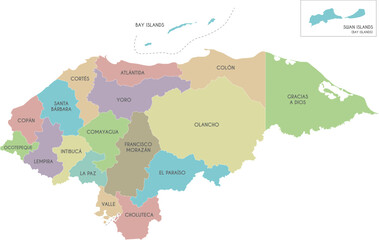Vector regional map of Honduras with departments or territories and administrative divisions. Editable and clearly labeled layers.