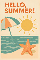 Vintage summer poster with sun, umbrella, waves, and starfish
