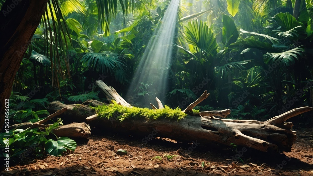 Poster sunlight filters through a lush forest, illuminating a moss-covered log on the forest floor.