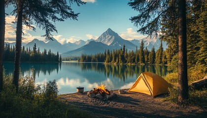 Nature camping view, scenic outdoor setting, mountain peaks in the distance, peaceful lake reflection, cozy campfire by the tent, vibrant trees and wild grasses