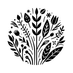 A minimalist, circular botanical design, showcasing stylized black floral elements, leaves, and seed pods against a stark white backdrop, creating a balanced and graphic composition.