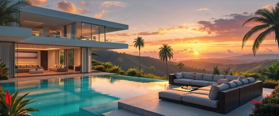 Fototapeta premium Elegantly designed villa features a stunning infinity pool, comfortable outdoor seating, and breathtaking views of the mountains during sunset, surrounded by lush greenery