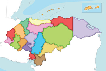 Vector illustrated regional blank map of Honduras with departments and administrative divisions, and neighbouring countries and territories. Editable and clearly labeled layers.