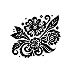 Elegant Floral Arrangement Silhouette: A Monochromatic Composition of Blooms and Foliage, Detailed and Decorative, on White Background.