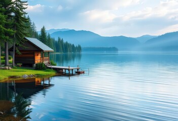 Naklejka premium Tranquil lakeside cabin, soft blues and greens reflecting on calm water, aqua, teal