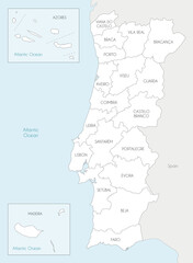 Vector regional map of Portugal with districts, autonomous regions and administrative divisions, and neighbouring countries and territories. Editable and clearly labeled layers.