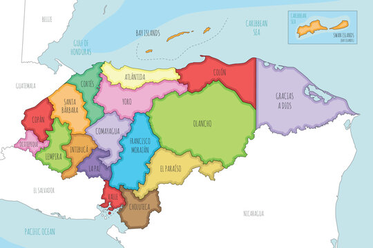 Vector illustrated regional map of Honduras with departments and administrative divisions, and neighbouring countries and territories. Editable and clearly labeled layers.