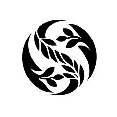 A symmetrical black and white artistic representation of two intertwining sprigs with stylized leaves, enclosed within a circular frame against a plain white backdrop.
