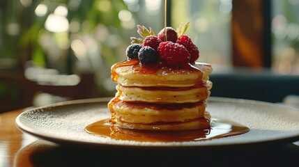 A stack of golden pancakes drizzled with maple syrup and topped with fresh berries pic