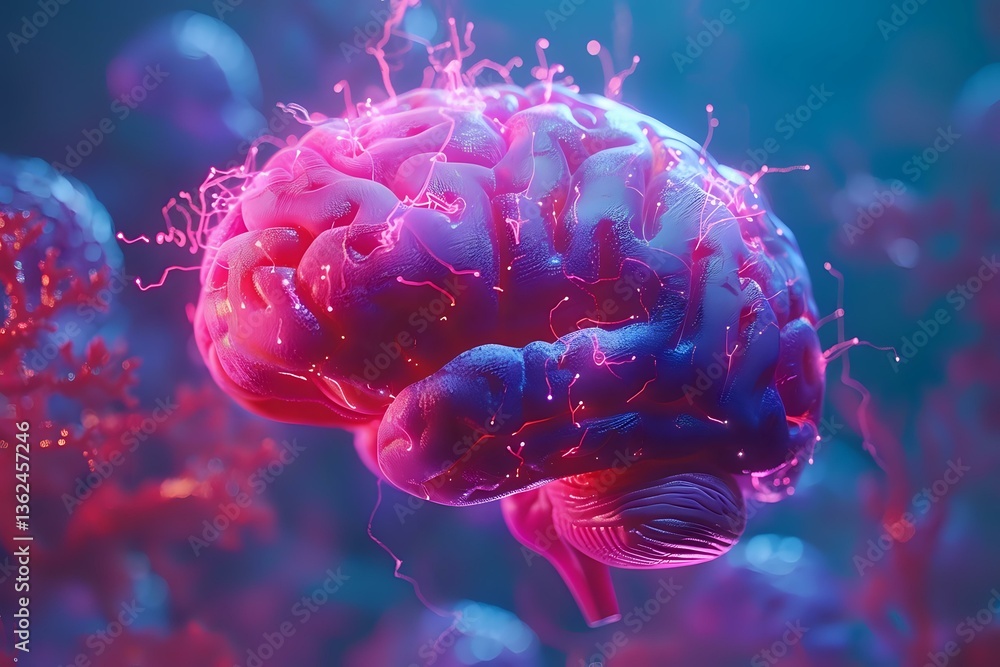 Poster glowing pink and blue anatomical brain with electrical impulses and neural connections floating in a