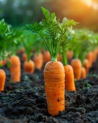 Fresh organic carrots growing in rich soil with green tops, natural sunlight creates warm glow through leaves, farming and gardening concept for healthy eating.