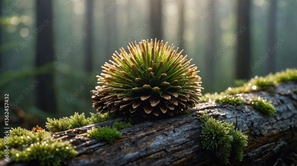 Aufkleber a close-up of a pine cone on a log surrounded by moss in a serene forest setting.