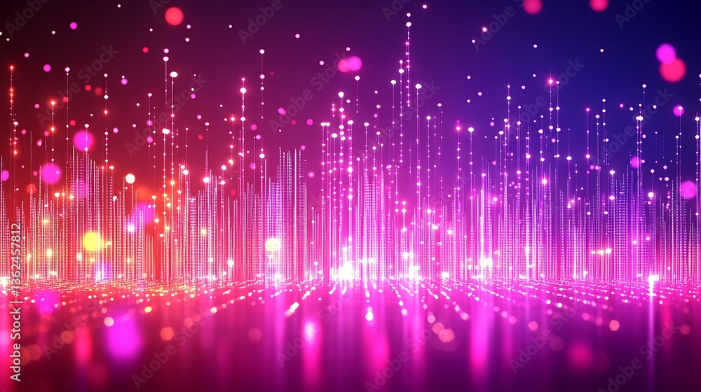 Poster abstract digital landscape with glowing lines and floating particles