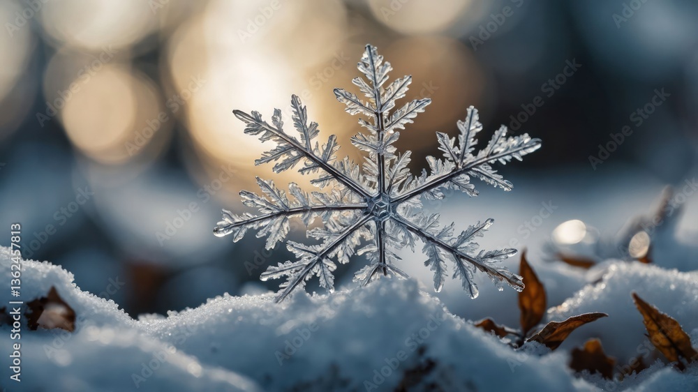 Poster a close-up of a snowflake resting on snow, illuminated by soft, warm light.