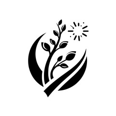 Abstract black and white minimalist logo design depicting plant life with leaves, rising towards a small sun within a circular organic shape.