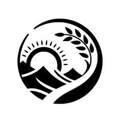 Abstract Black and White Illustration of a Sunrise Over Mountains with a Wheat Stalk Encircled