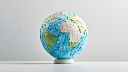 Obraz premium A colorful globe depicting the Earth's continents and oceans, designed with textured surfaces to represent landforms and water. Concept Educational Globe Design, Textured Landforms