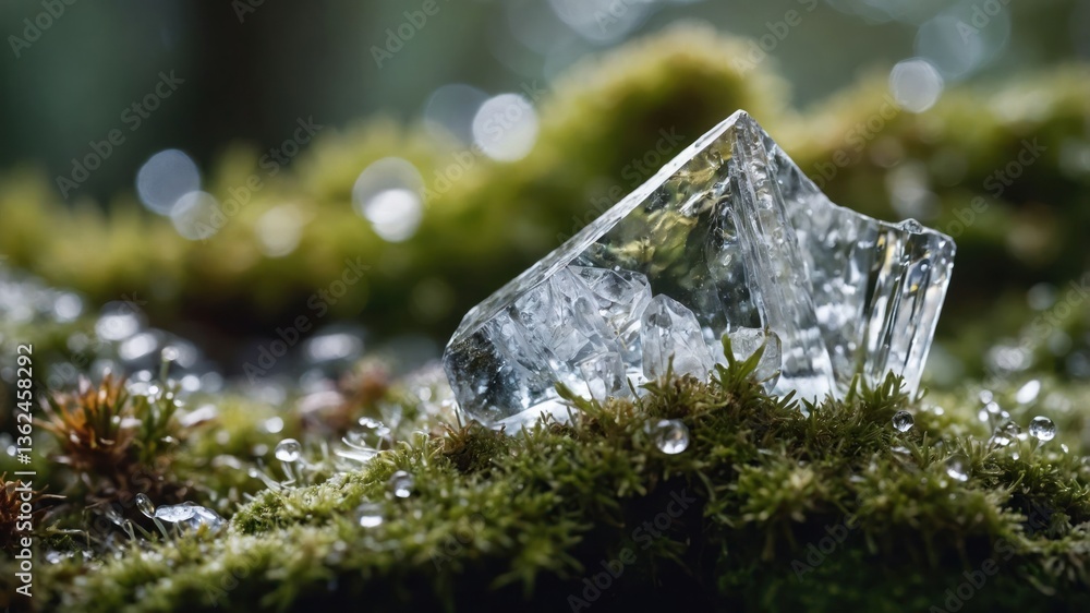 Poster a clear crystal fragment resting on vibrant green moss with dew drops.