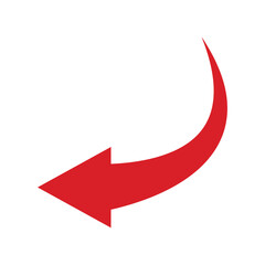 A red curved arrow pointing to the left and down on a white background. Direction symbol. Arrow symbol for app, UI, web. Vector illustration