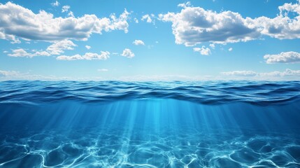 The sight of the ocean is breathtaking, with waves that are calm, water that is clear blue, and clouds that are vibrant, all under a sunny sky that evokes feelings of tranquility and natural beauty