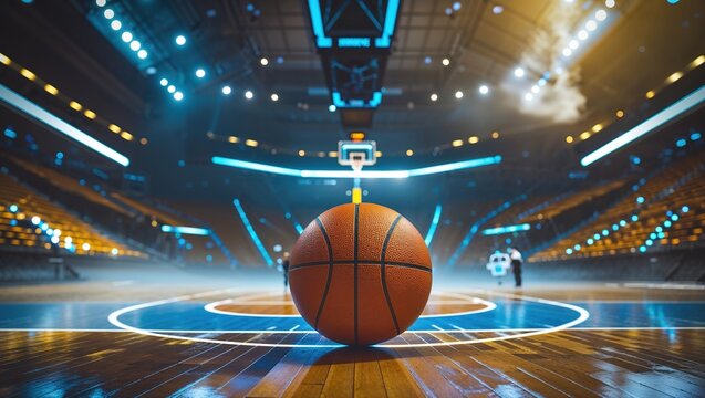 A basketball sits prominently on the center court of a bright arena, surrounded by an energetic atmosphere as players prepare for an upcoming game amidst eager fans
