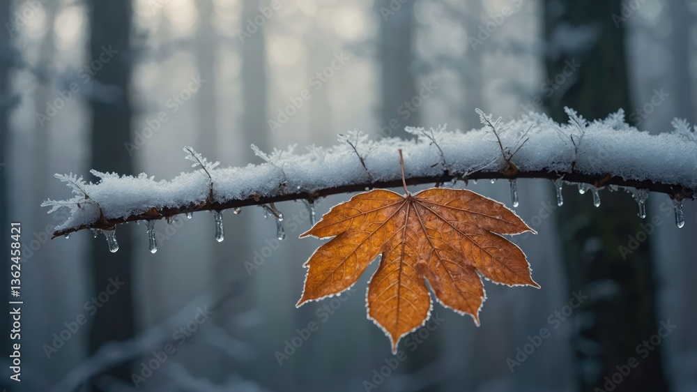 Poster a close-up of a frosty branch with a single autumn leaf and icicles, set in a misty forest.
