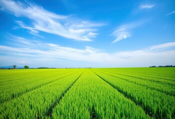 Naklejka premium Vast, verdant fields stretch to a brilliant blue sky, showcasing sustainable farming practices, nature, serenity