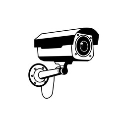 Vector illustration of a CCTV security camera in black and white. Perfect for surveillance, security systems, monitoring, and safety concepts. Isolated on a white background