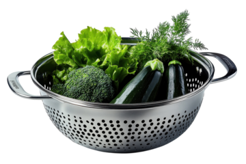 Fresh bounty of the garden vegetables in a pristine colander awaiting a healthy meal preparation sleek metal finish with sharp studio lighting.
